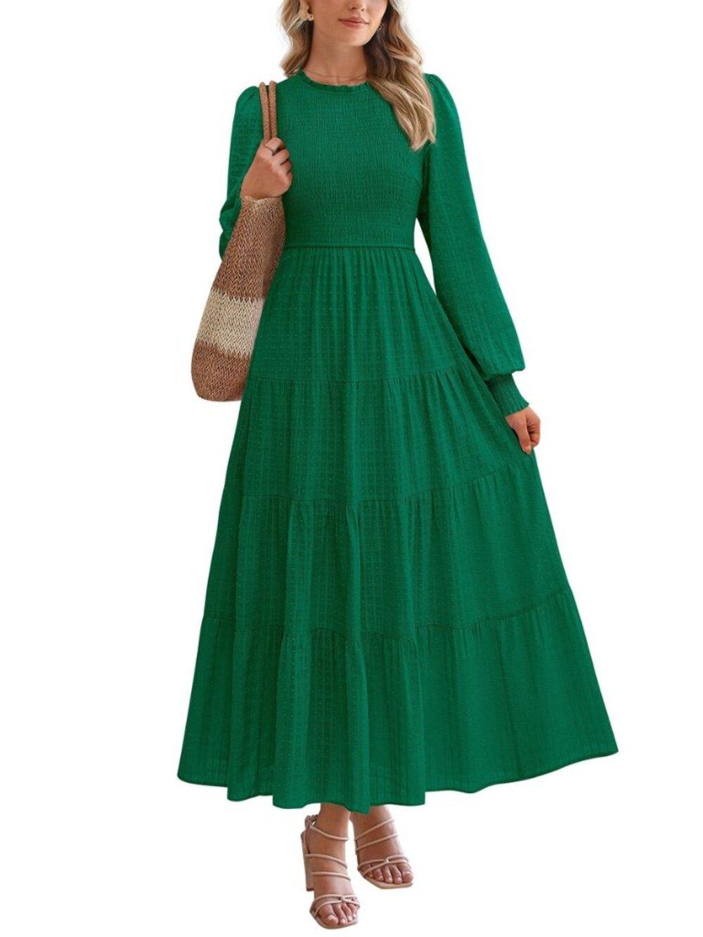 Women's Long Sleeve Spring Maxi Dresses 2026 Casual Smocked Trim Neck Swiss Dot